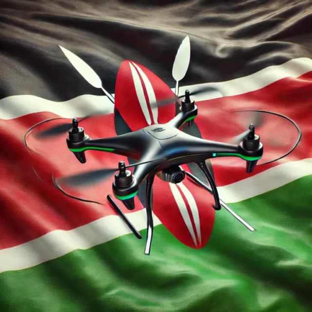 Drohnen-Gesetze in Kenia - Kenianische Flagge mit Drohne symbolisiert die gesetzlichen Bestimmungen für Drohnenflüge in Kenia